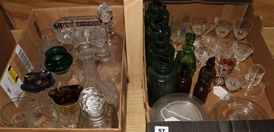 A collection of miscellaneous glassware, inc drug jars, decanters, drinking glasses, ice plates, etc